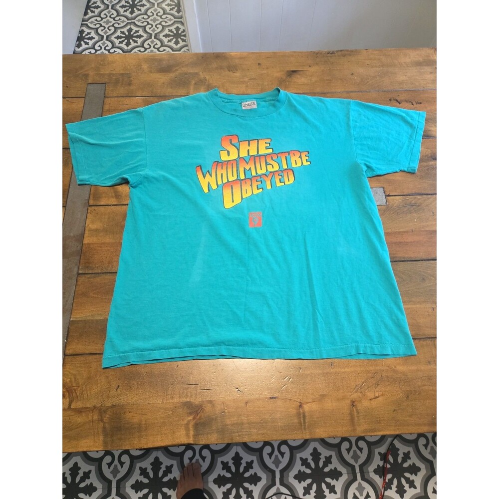 Vintage 90s Oneita Power T Shirt She Who Must Be Obeyed Novelty Graphic Teal XL